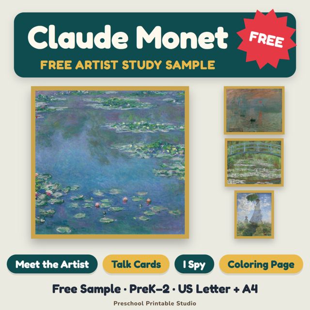 Free Monet artist study sample for PreK–2 with artist facts, painting discussion, I Spy, and coloring activities.