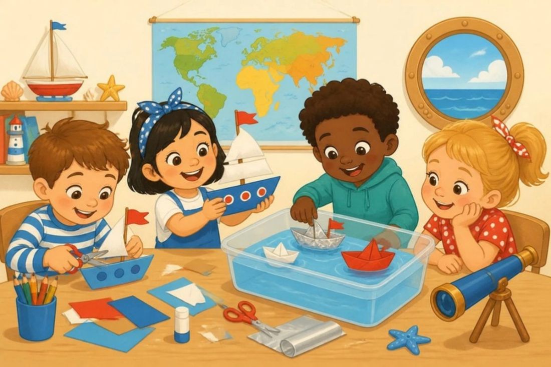 Illustration of children making paper sailing ships and testing boats in a tub of water