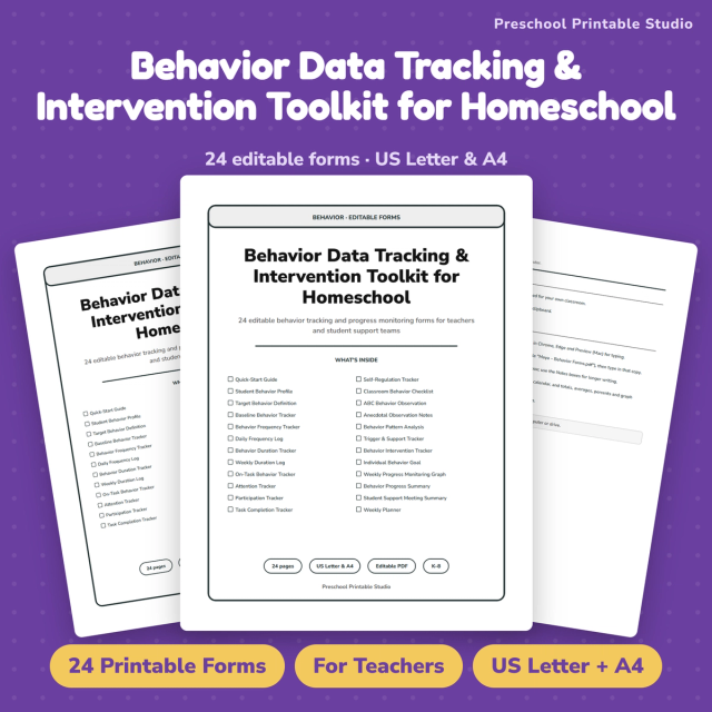 Cover of a K–8 behavior data tracking toolkit with editable forms for observation, intervention, goals, and progress monitoring.