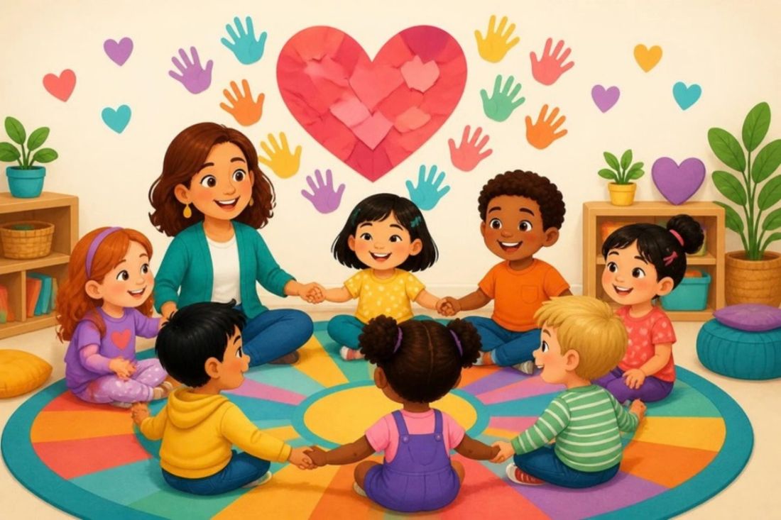 Illustration of a teacher and children sitting in a circle holding hands under a big paper heart