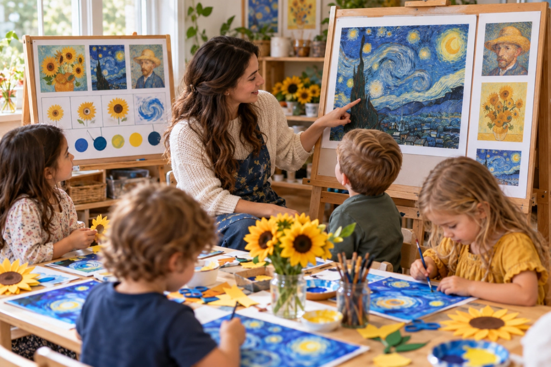A teacher and young children look closely at Van Gogh paintings while children create swirly night skies and paper sunflowers at an art table.