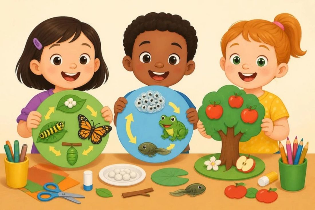 Illustration of children holding butterfly, frog and apple tree life cycle crafts