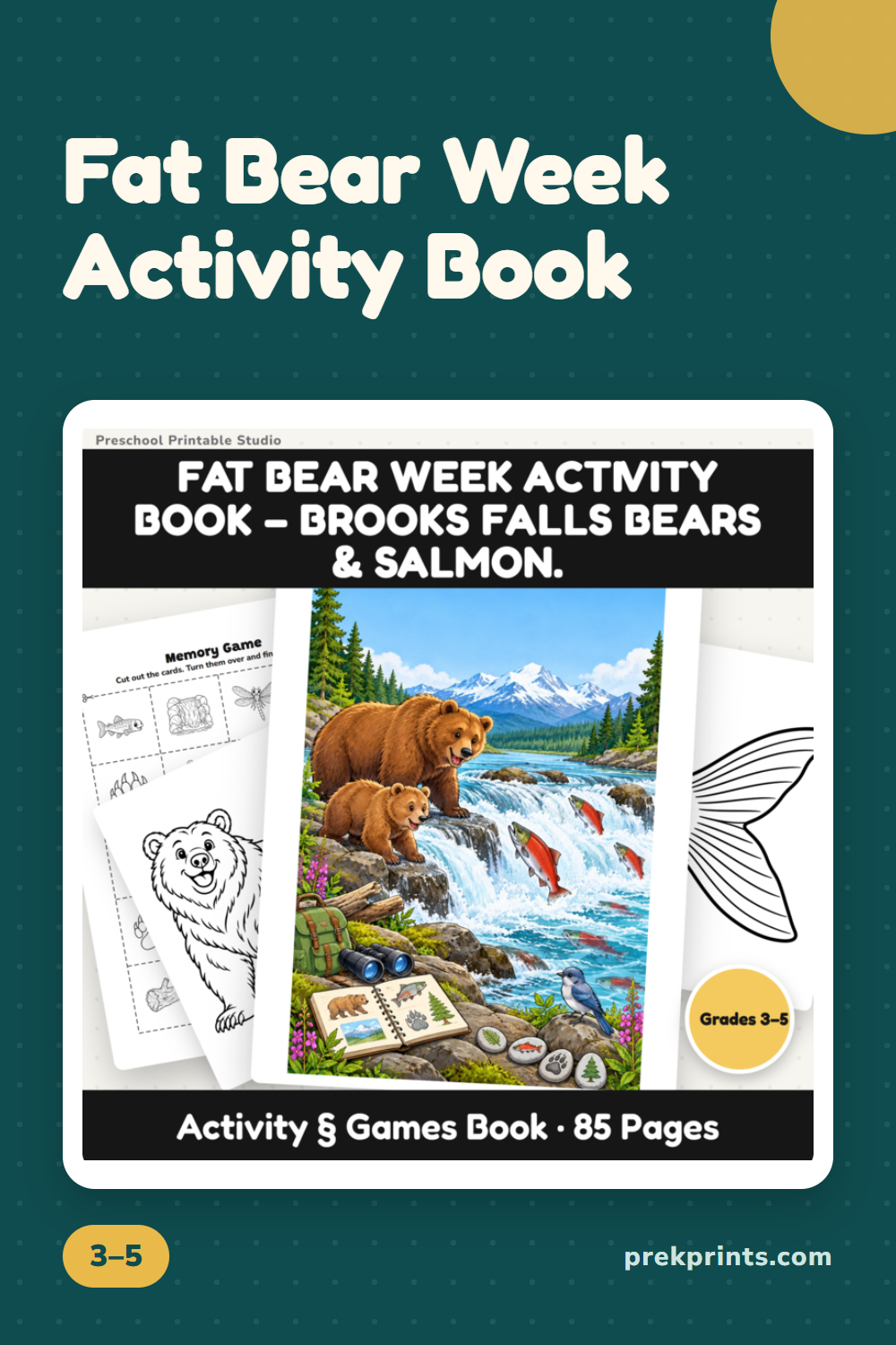 Pinterest image: Fat Bear Week Activity Book – Brooks Falls Bears & Salmon | Memory Games