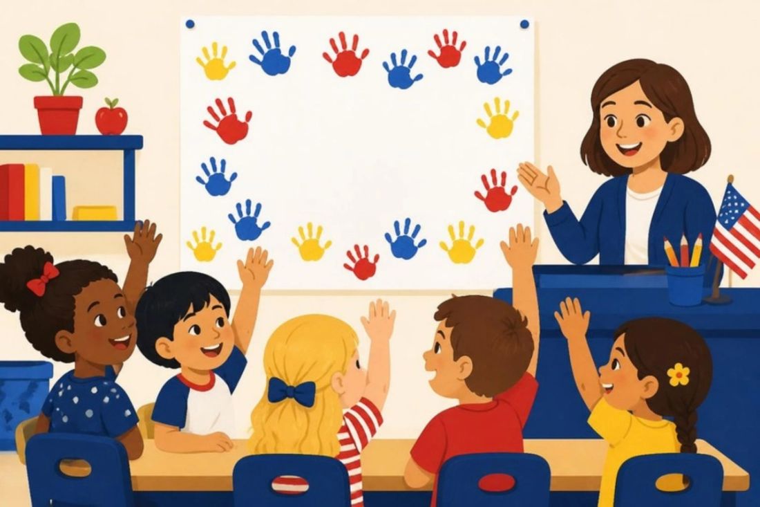 Illustration of kindergarten children raising their hands to vote with their teacher