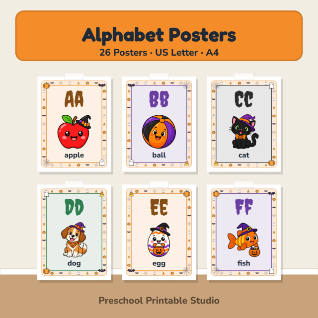Halloween alphabet poster set with bold uppercase and lowercase letters and simple picture cues for young learners.