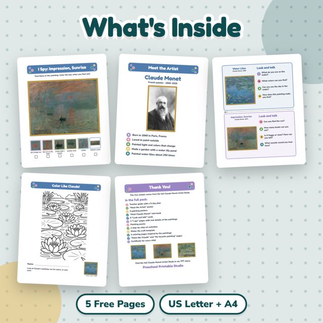 FREE Monet Artist Study Sample | I Spy, Coloring Page & Poster | Art for Kids — preview 1