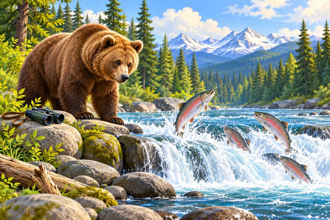 A warm classroom-style nature illustration showing a brown bear near a river with jumping salmon, pine trees, river rocks, and binoculars nearby.