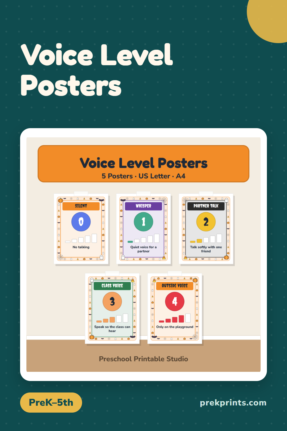 Pinterest image: Voice Level Posters | Halloween | Classroom Decor | Bulletin Board | Editable
