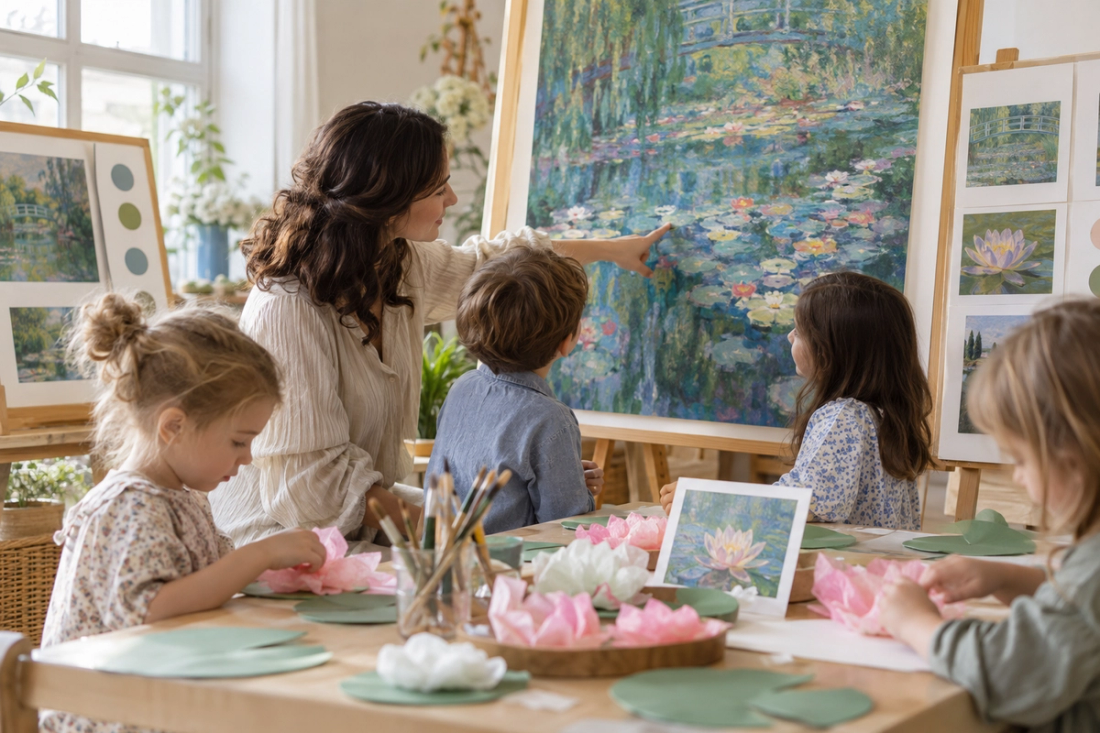 A teacher and young children look closely at a Monet water lily painting while children create paper lily pads and tissue-paper flowers at an art table.