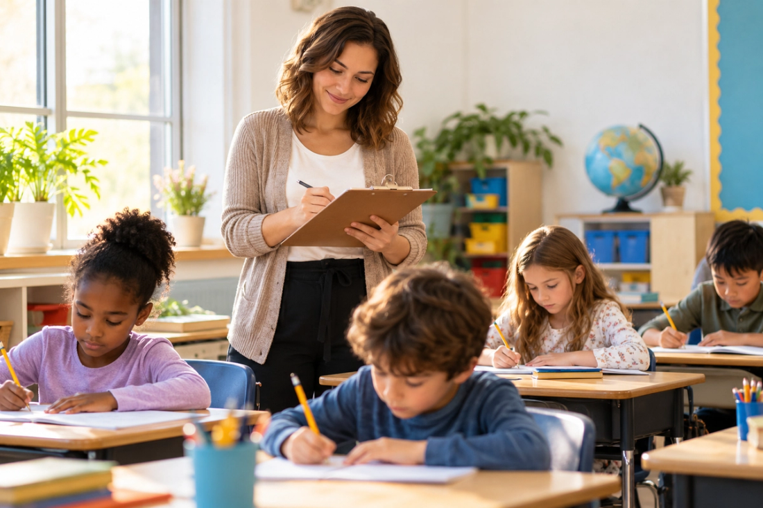 A warm classroom scene showing a teacher calmly recording observations on a clipboard while students work at their desks.