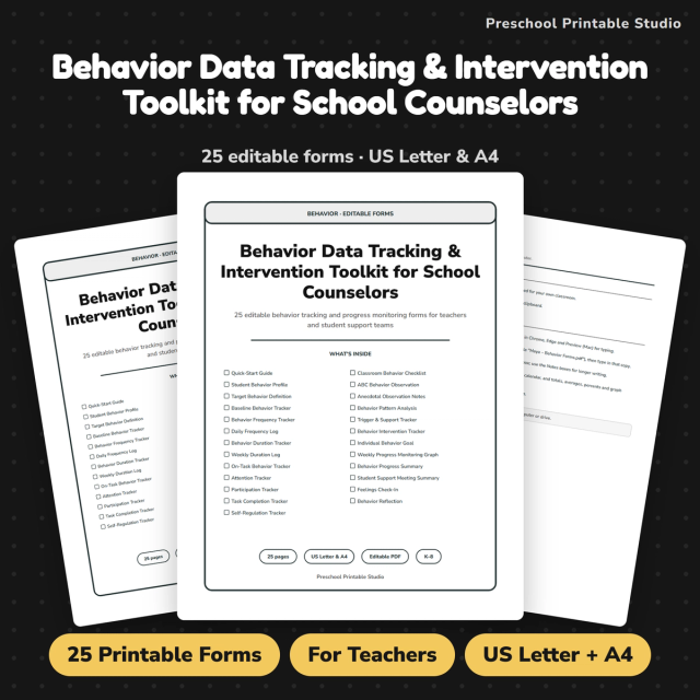 Cover of a behavior data tracking toolkit for school counselors showing editable forms for K–8 behavior observation and progress monitoring.