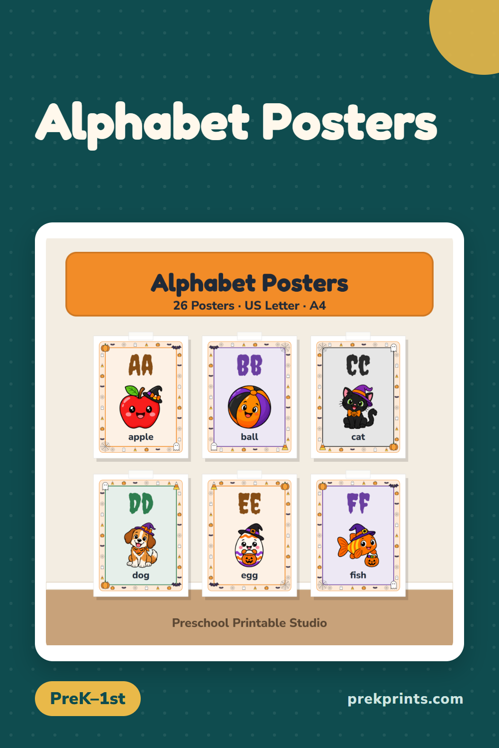 Pinterest image: Alphabet Posters | Halloween | Classroom Decor | Bulletin Board | Editable