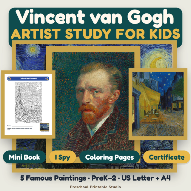 Van Gogh artist study pages featuring famous paintings, a mini book, I Spy activities, coloring pages, and art projects for PreK–2.