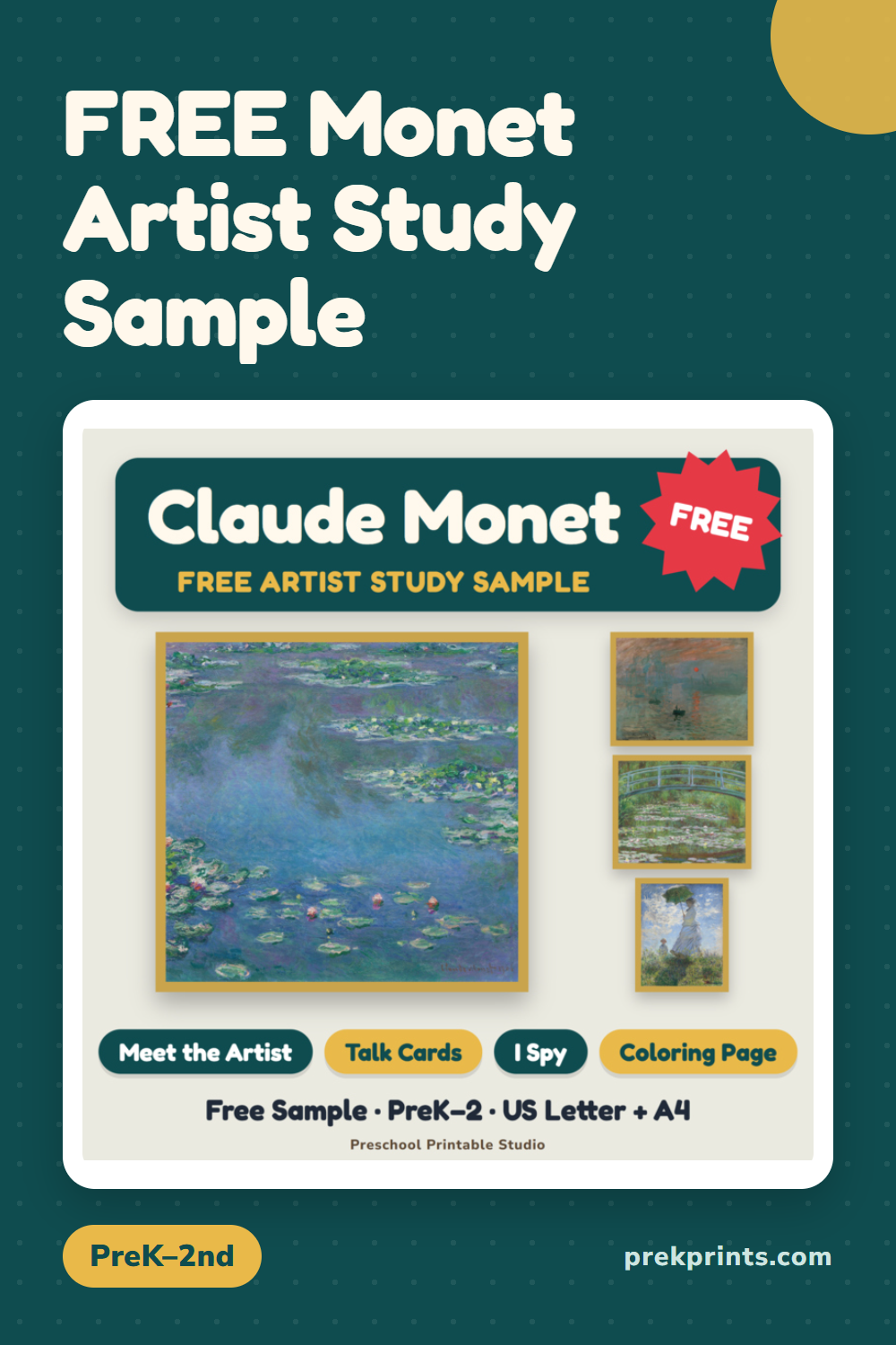 Pinterest image: FREE Monet Artist Study Sample | I Spy, Coloring Page & Poster | Art for Kids