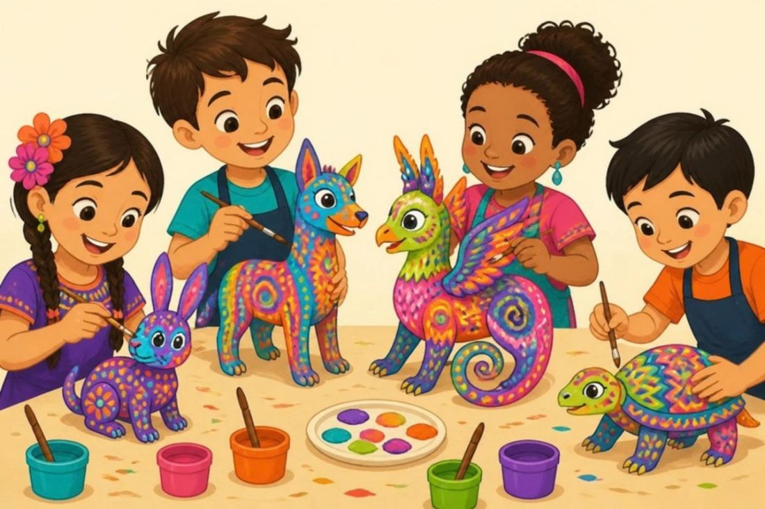 Illustration of children painting colorful alebrije creatures