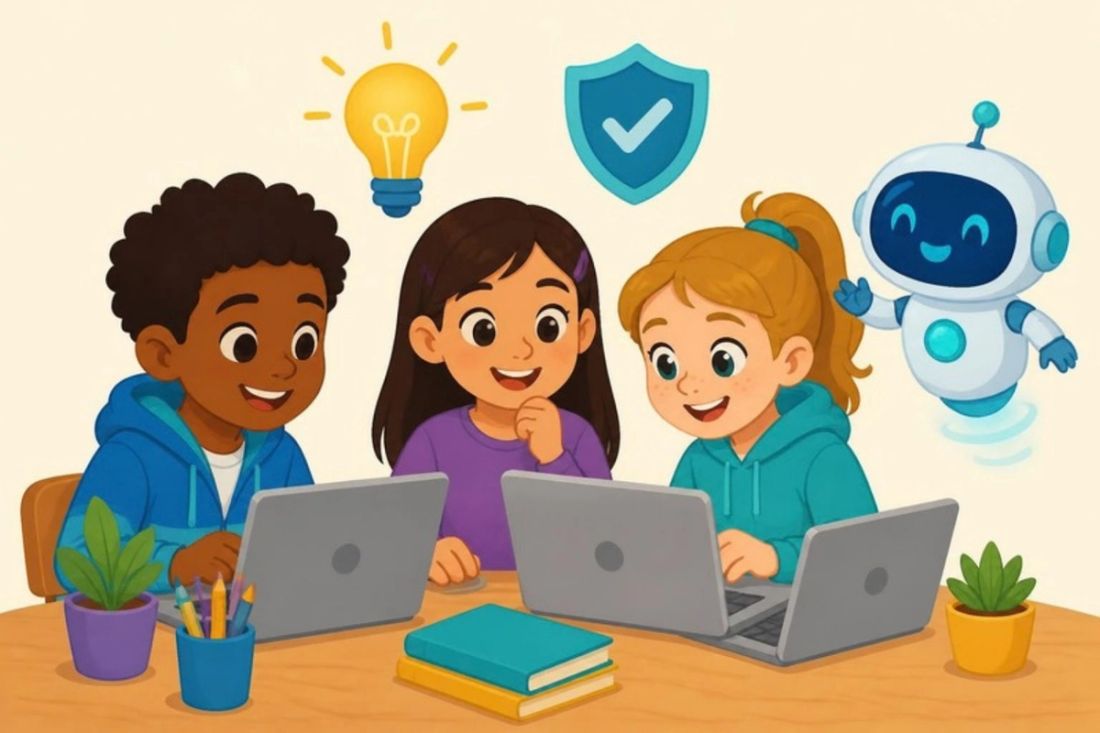 Illustration of three students working at laptops with a friendly robot helper