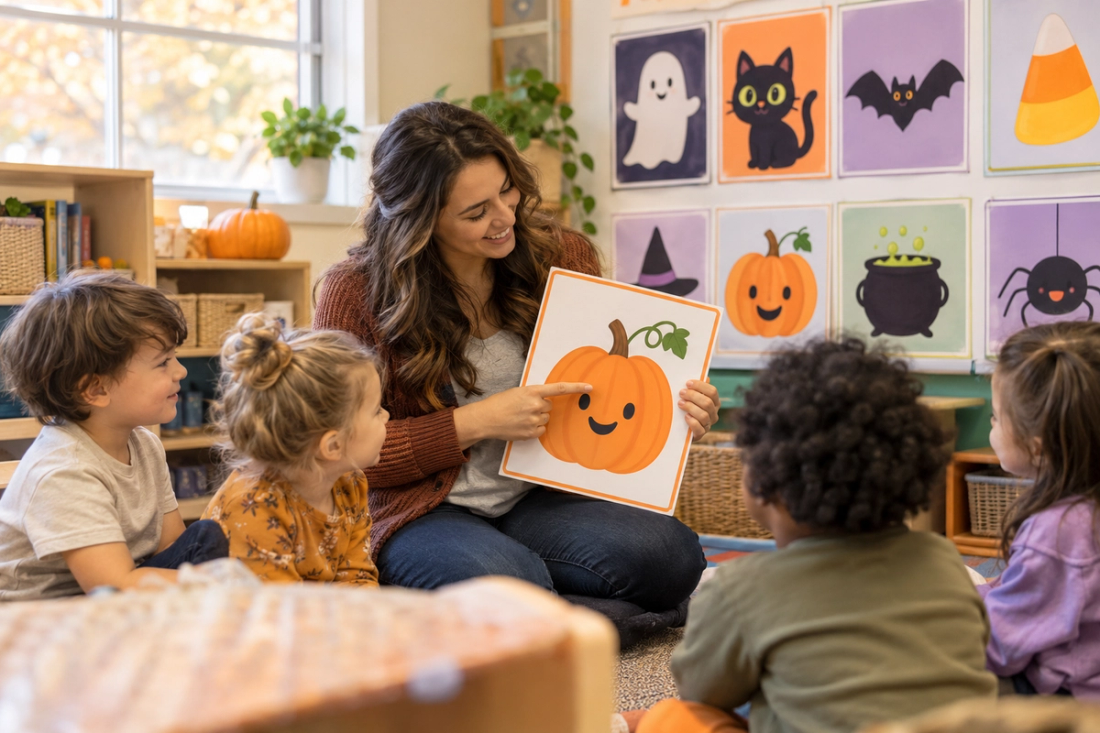 A warm classroom scene with a teacher and young children using colorful Halloween-themed alphabet posters during a simple literacy lesson.