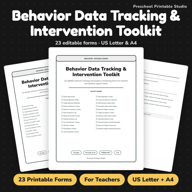 Cover for editable Behavior Data Tracking Forms showing a professional K–8 behavior data collection and intervention toolkit.