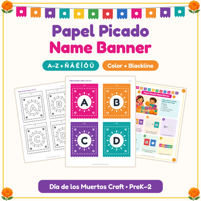 Papel picado name banner letters A–Z with Ñ and accented vowels, in color and blackline