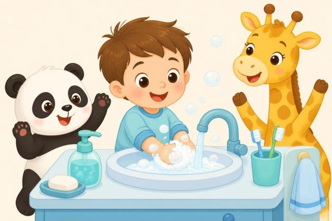 Illustration of a child washing hands at a sink while a cartoon panda and giraffe cheer
