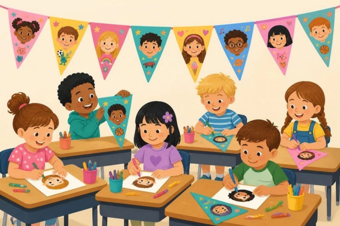Illustration of students drawing self-portraits under a string of paper pennants