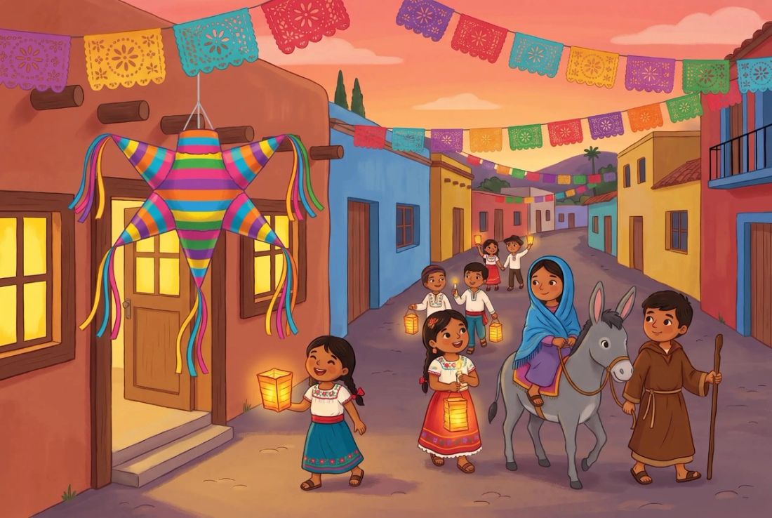 Children with paper lanterns in a Las Posadas procession under papel picado banners, with Mary on a donkey, Joseph and a star piñata