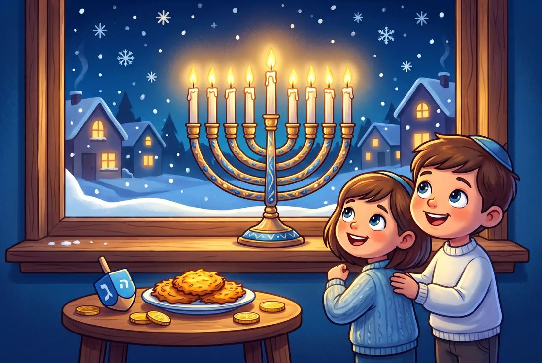 Two children looking at a lit Hanukkah menorah with nine candles in a window, with latkes and gold coins on a table
