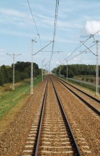 Tuščios geležinkelio vėžės su elektros linijomis kaimo peizaže