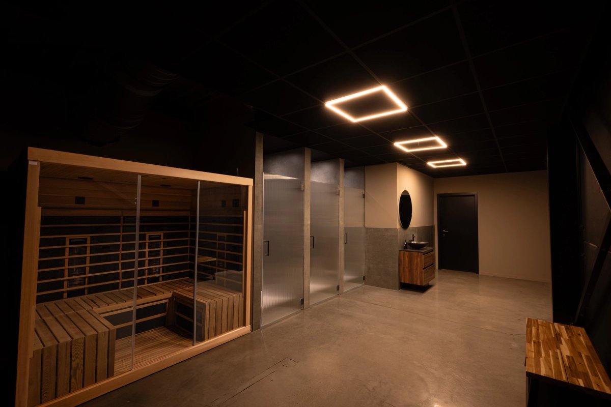 Wellness area with a glass-fronted infrared sauna, fluted shower doors and square ceiling lights