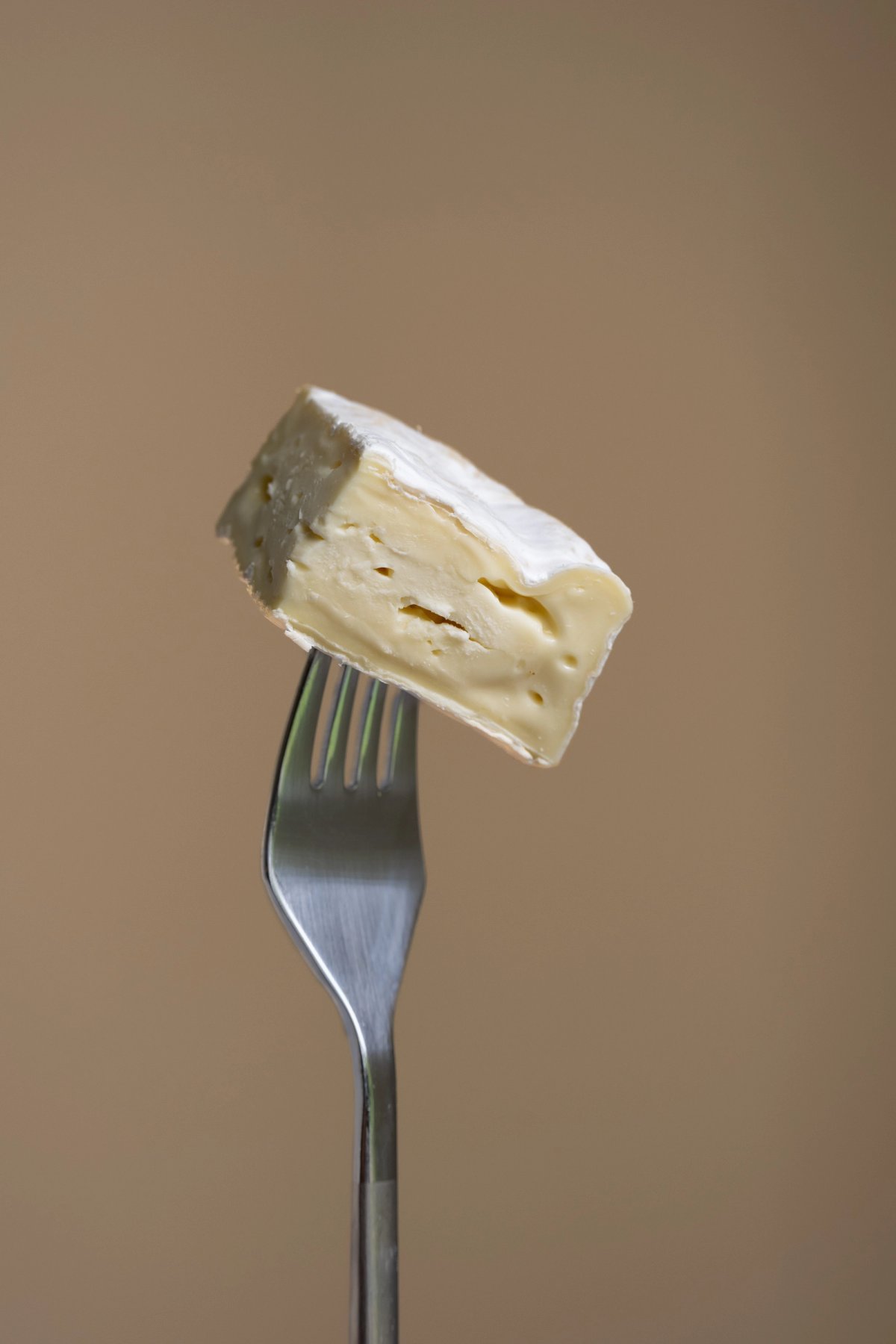 Wedge of soft-rind cheese balanced on a fork against a warm beige studio background
