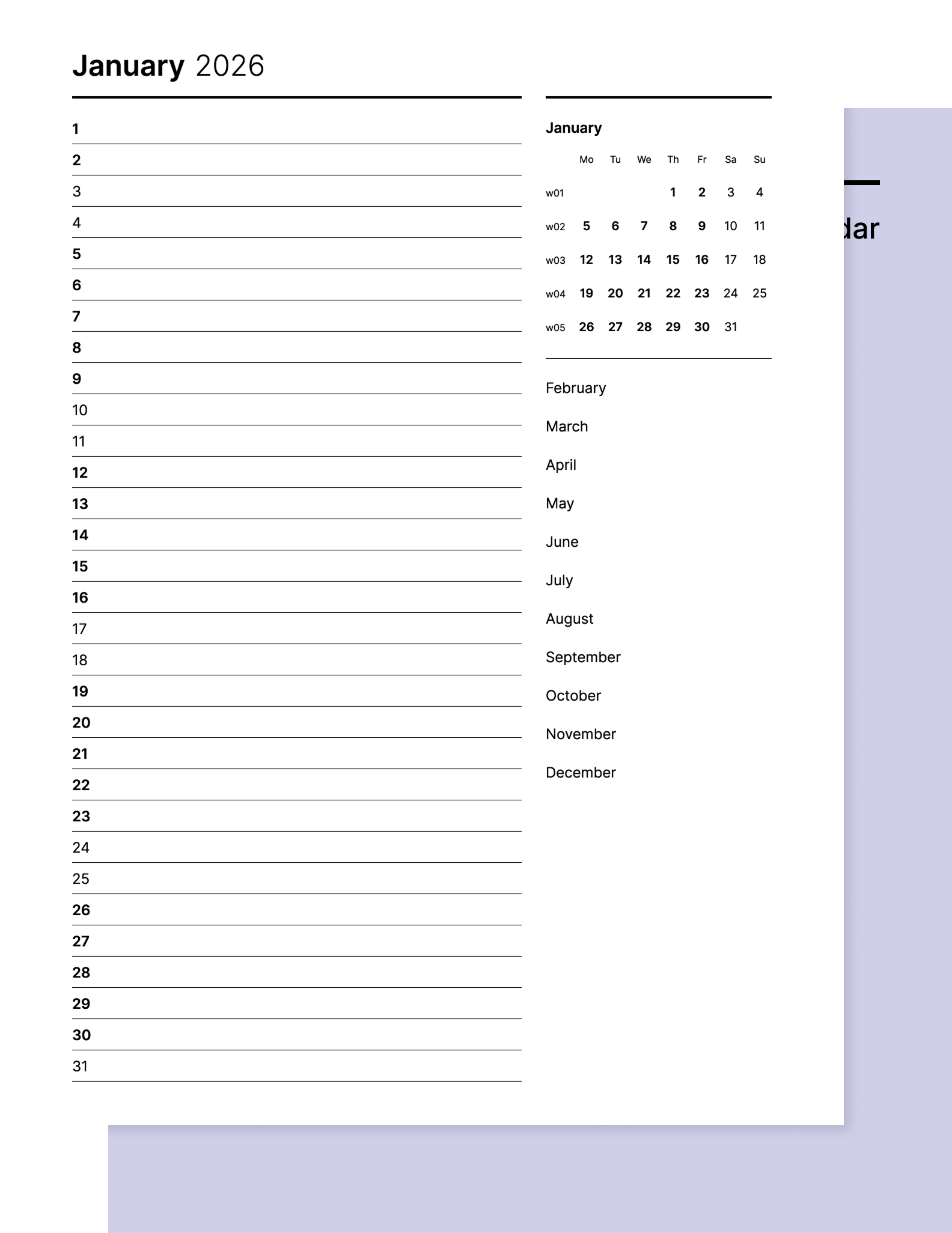 Monthly 2026 calendar from Giuseppe Farina for reMarkable tablet