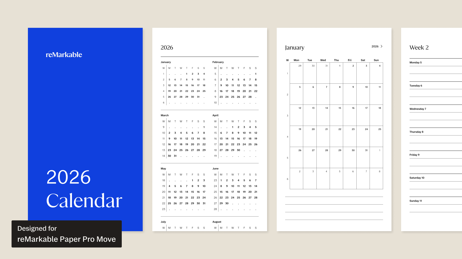 2026 Calendar workbook for reMarkable Paper Pro Move