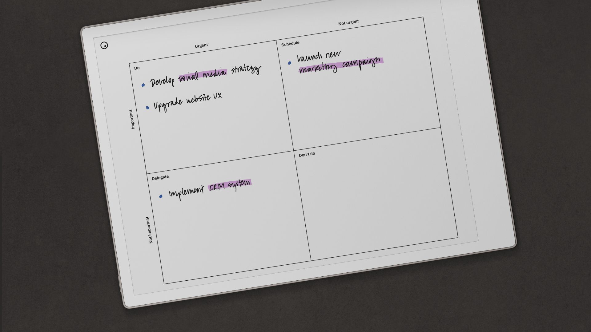 Impact-effort template on a reMarkable Paper Pro