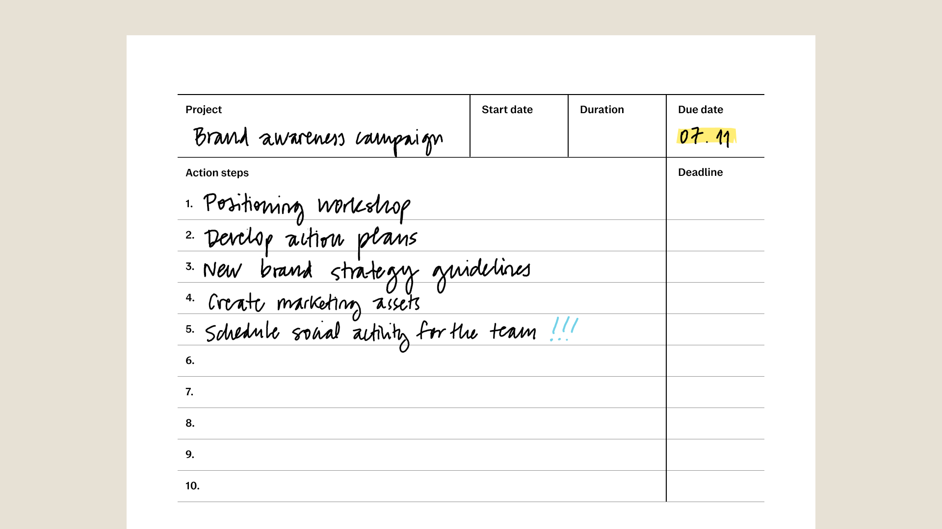Project planning template with filled in content