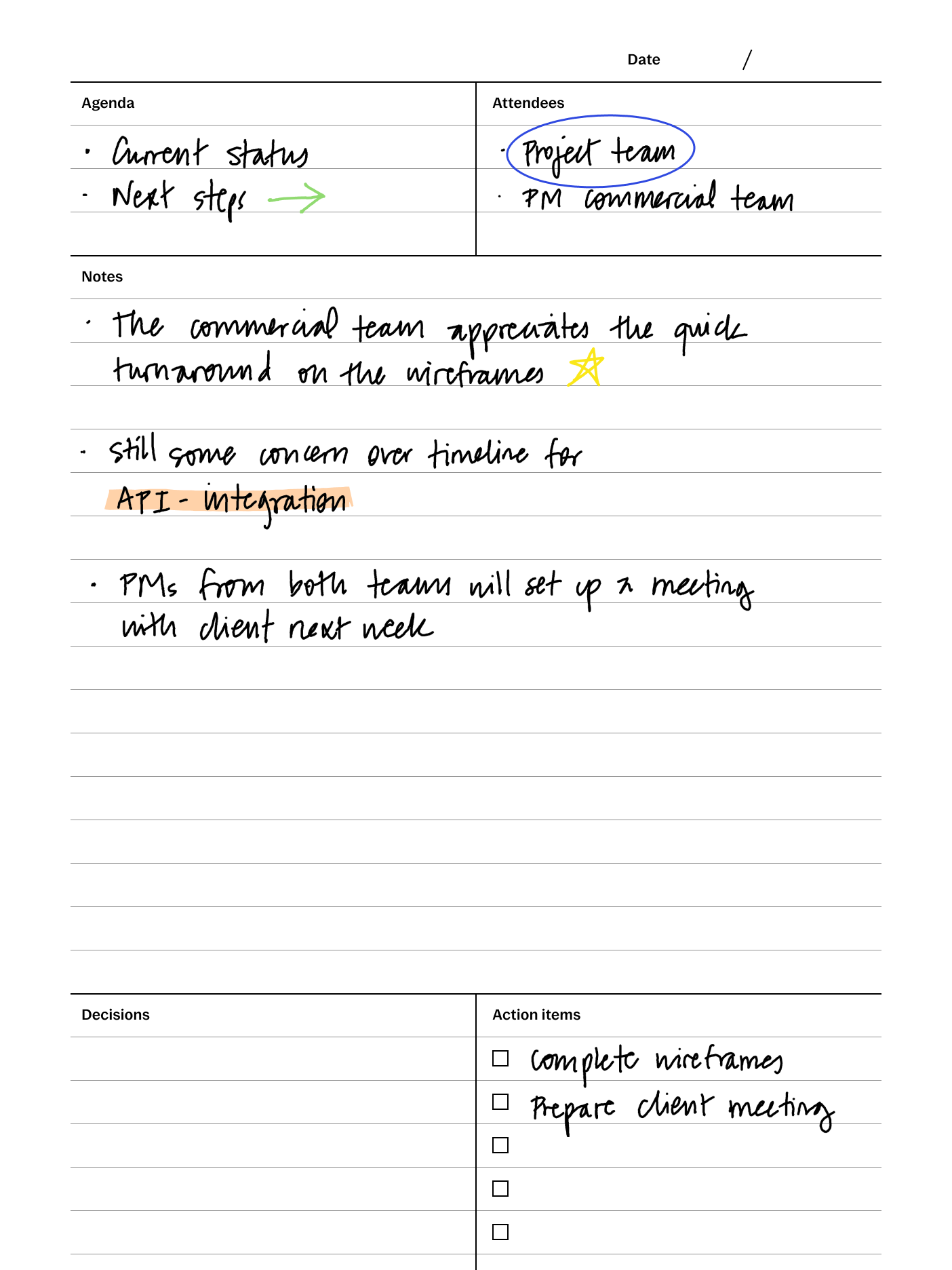 Meeting minutes template for reMarkable tablet with filled in content