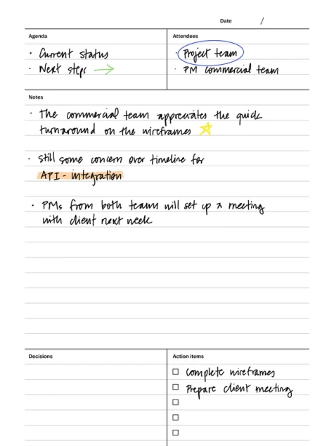 Meeting minutes template for reMarkable tablet with filled in content