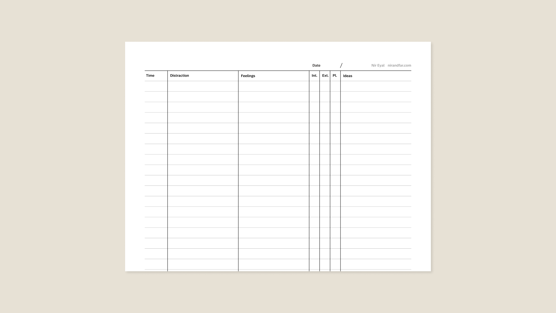 Distraction tracker template from Nir Eyal for reMarkable tablet