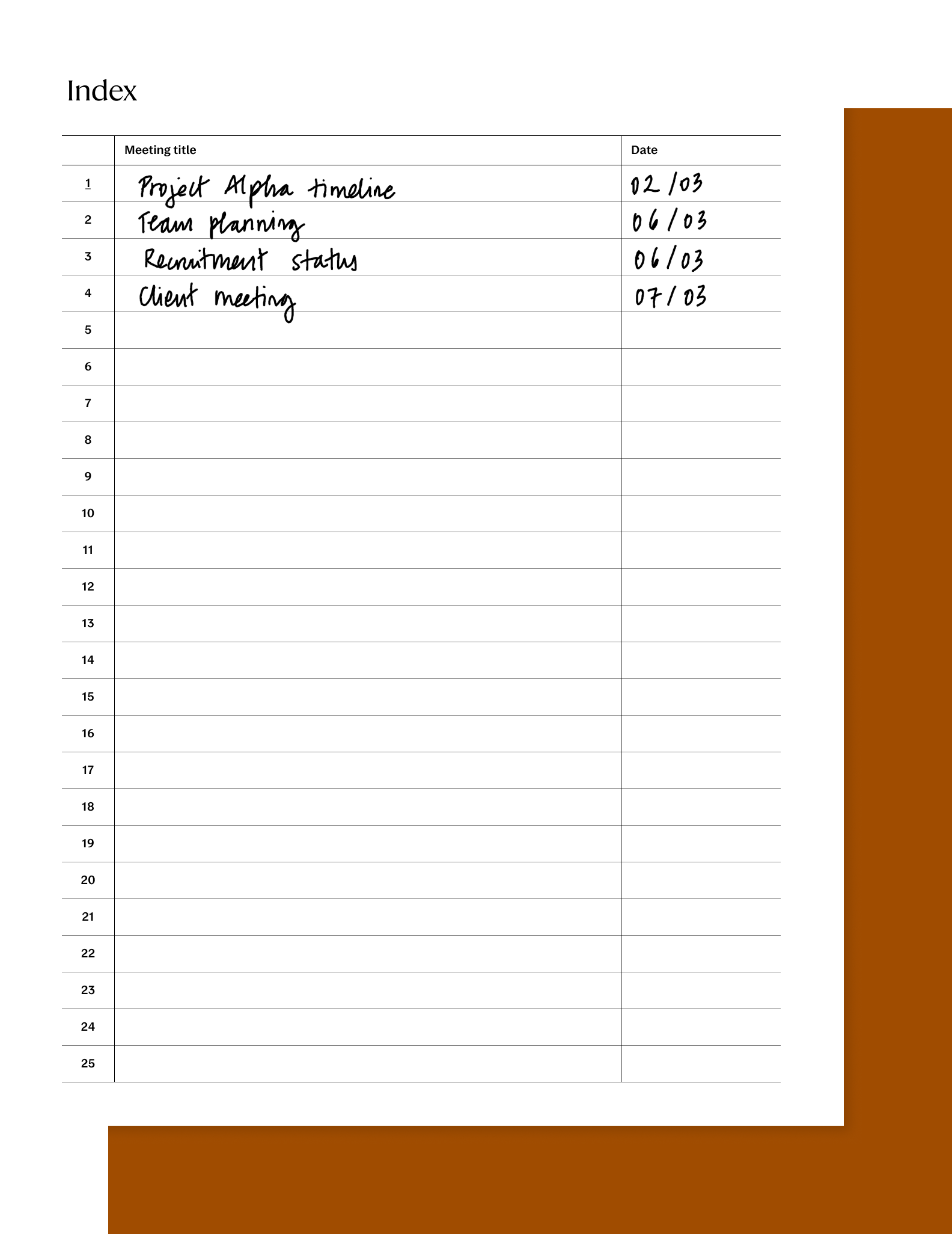Meeting index for reMarkable tablet with filled in content