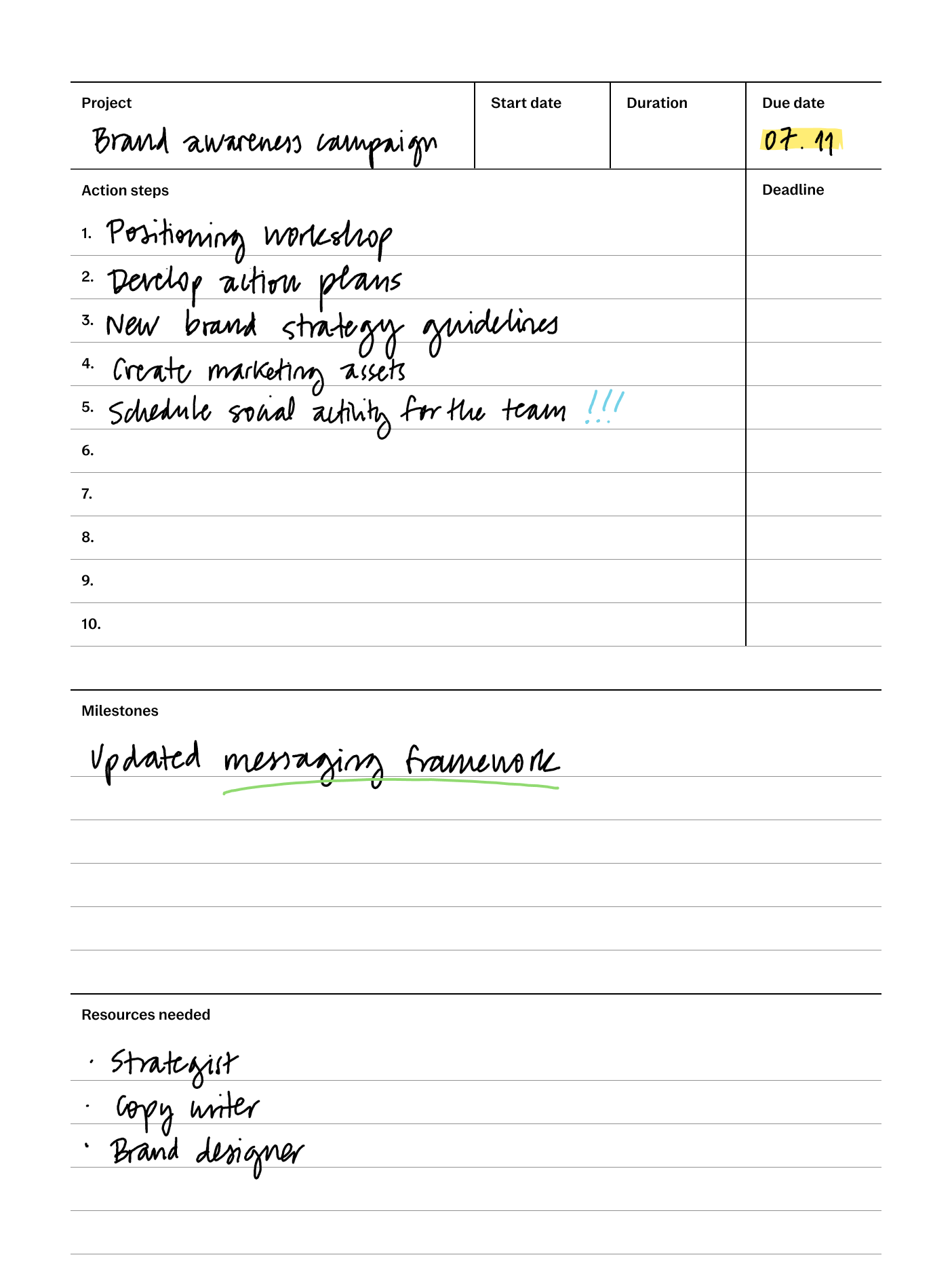 Project planning template with filled in content