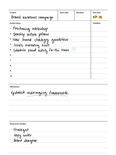 Project planning template with filled in content