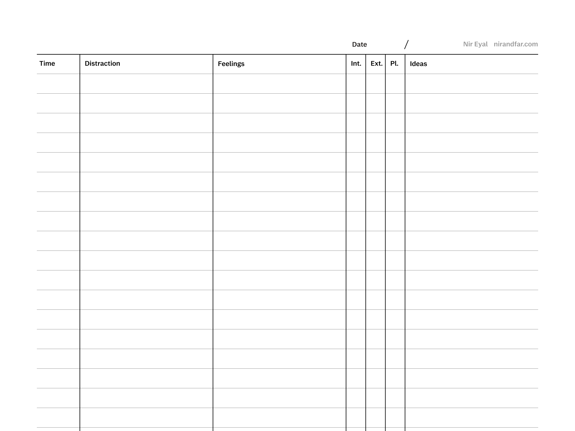 Distraction tracker template from Nir Eyal for reMarkable tablet