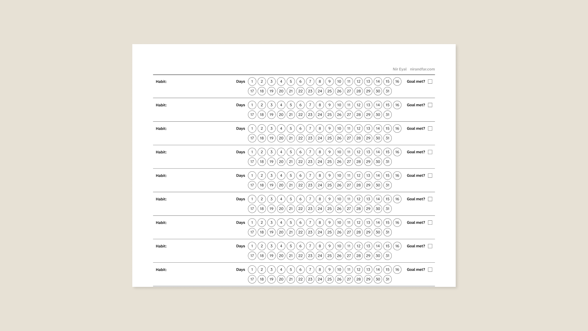 Daily habit tracker template from Nir Eyal for reMarkable tablet