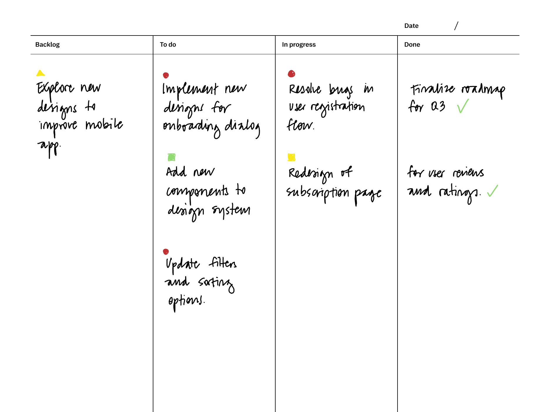 Kanban board template for reMarkable tablet with filled in content