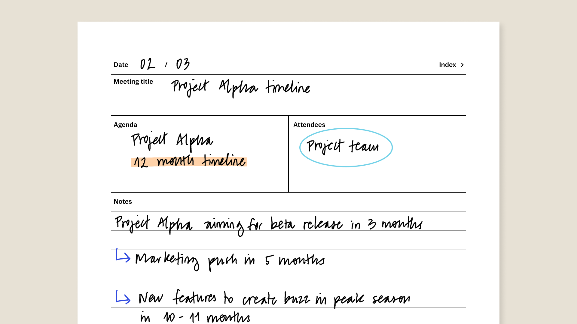 Meeting index for reMarkable tablet with filled in content