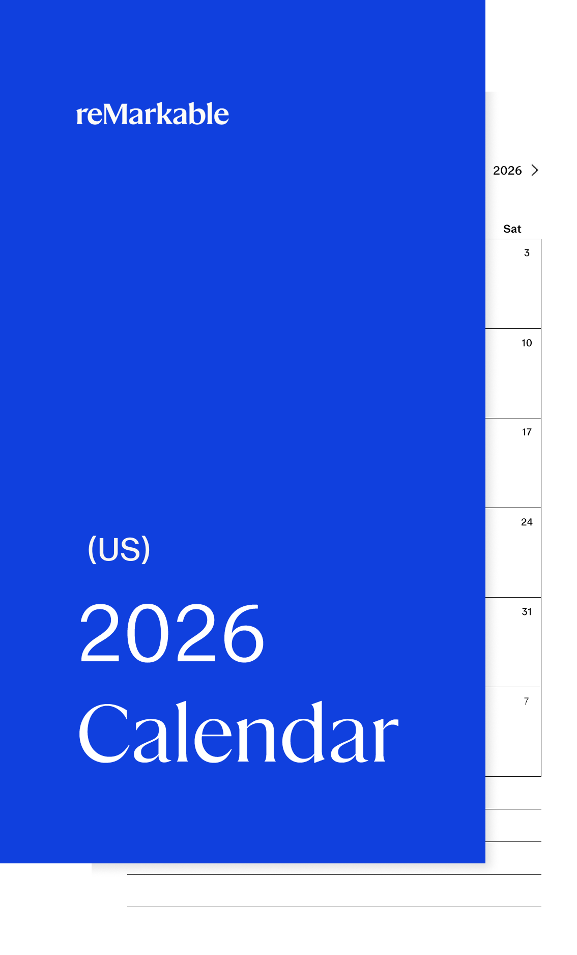 2026 Calendar (US) workbook for reMarkable Paper Pro Move