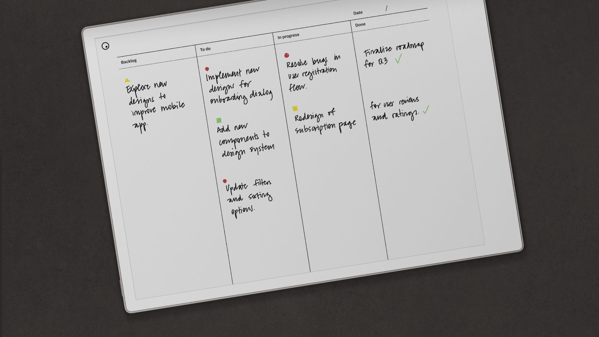 Kanban board template on a reMarkable Paper Pro