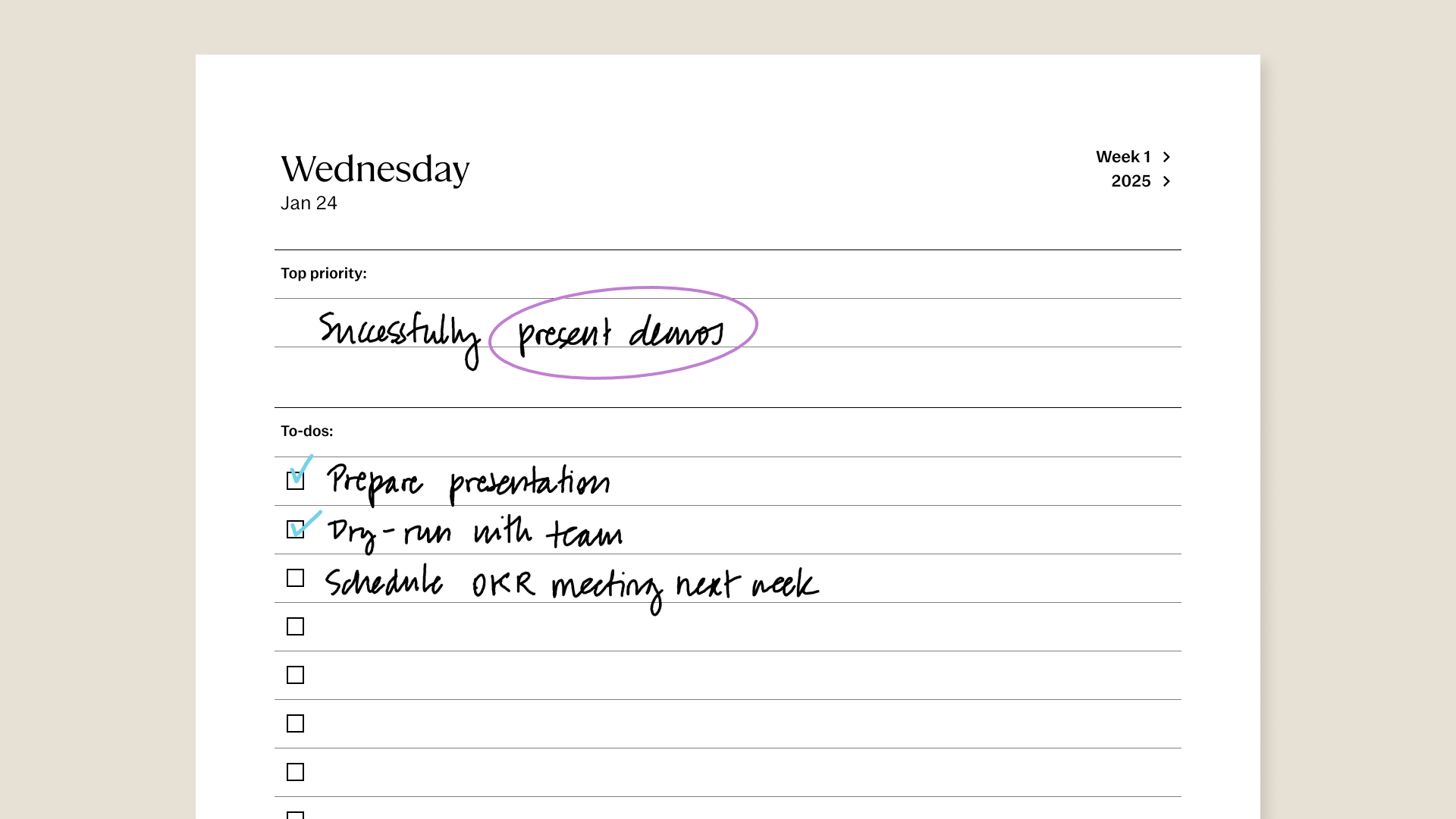 2025 To-dos for reMarkable tablet with filled in content