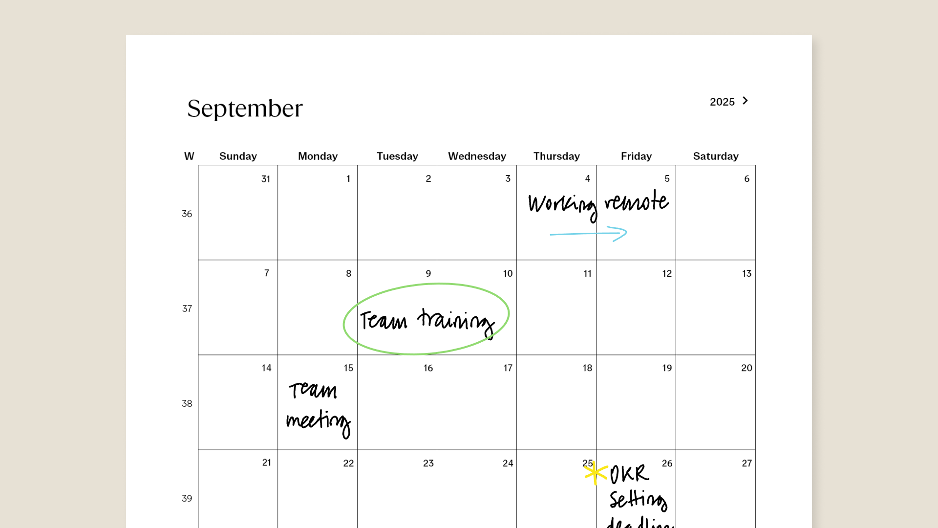 2025 calendar (US) for reMarkable tablet with filled in content