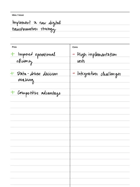 Pros/cons template with filled in content