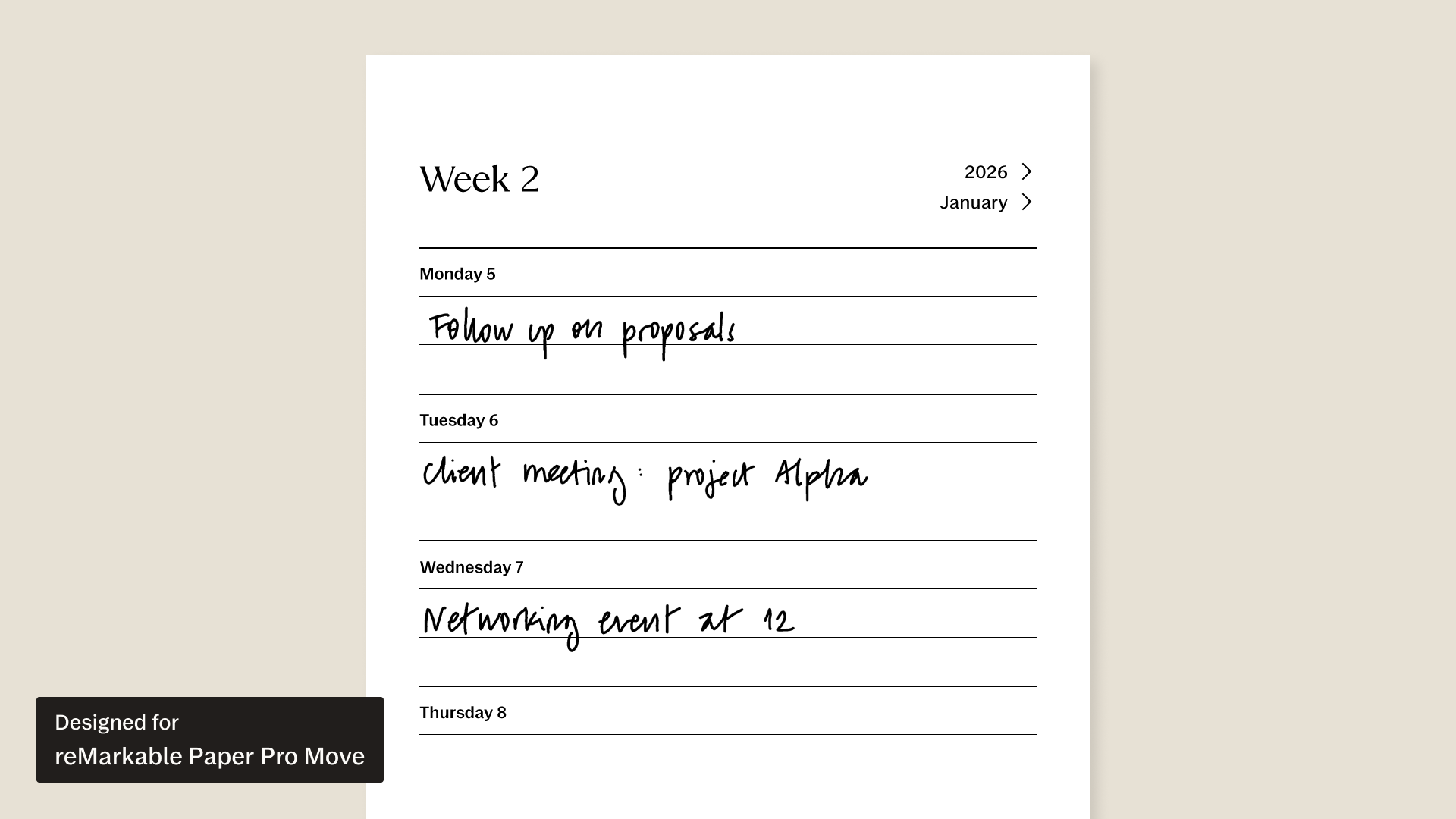 2026 Calendar workbook for reMarkable Paper Pro Move